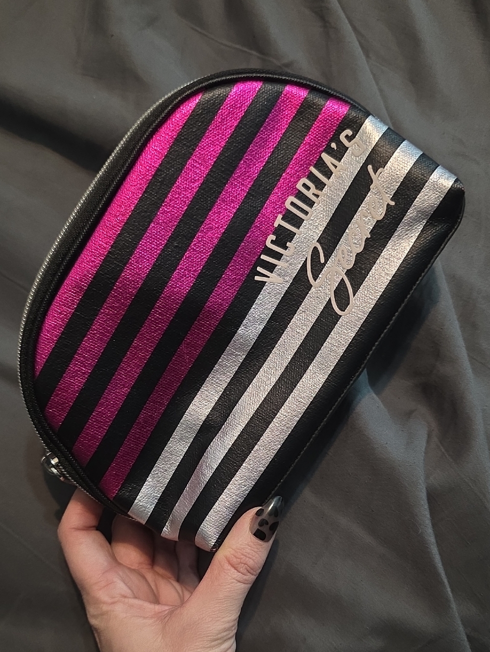 Victoria's Secret Black, Pink & Silver Striped Cosmetic Case